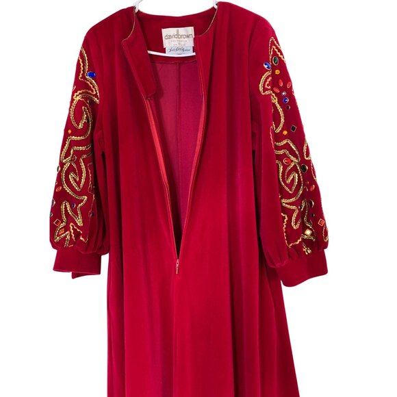 VTG 70s David Brown x Saks Fifth Avenue Red Maxi House Dress Medium Velour USA R - Picture 11 of 14